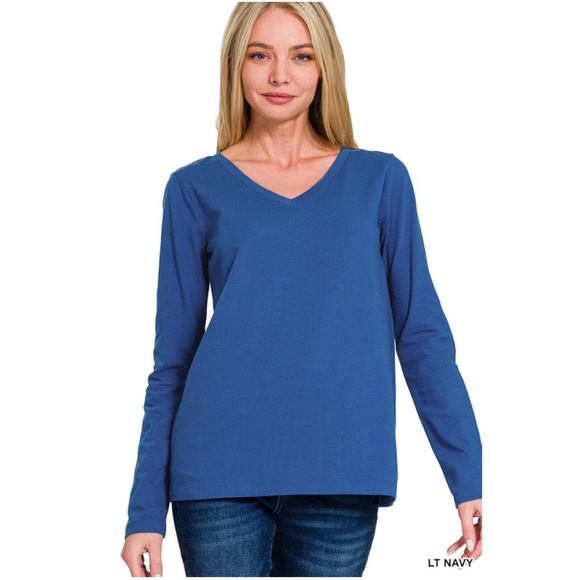 Solid Cotton V neck Long sleeve Top - Picture 1 of 1